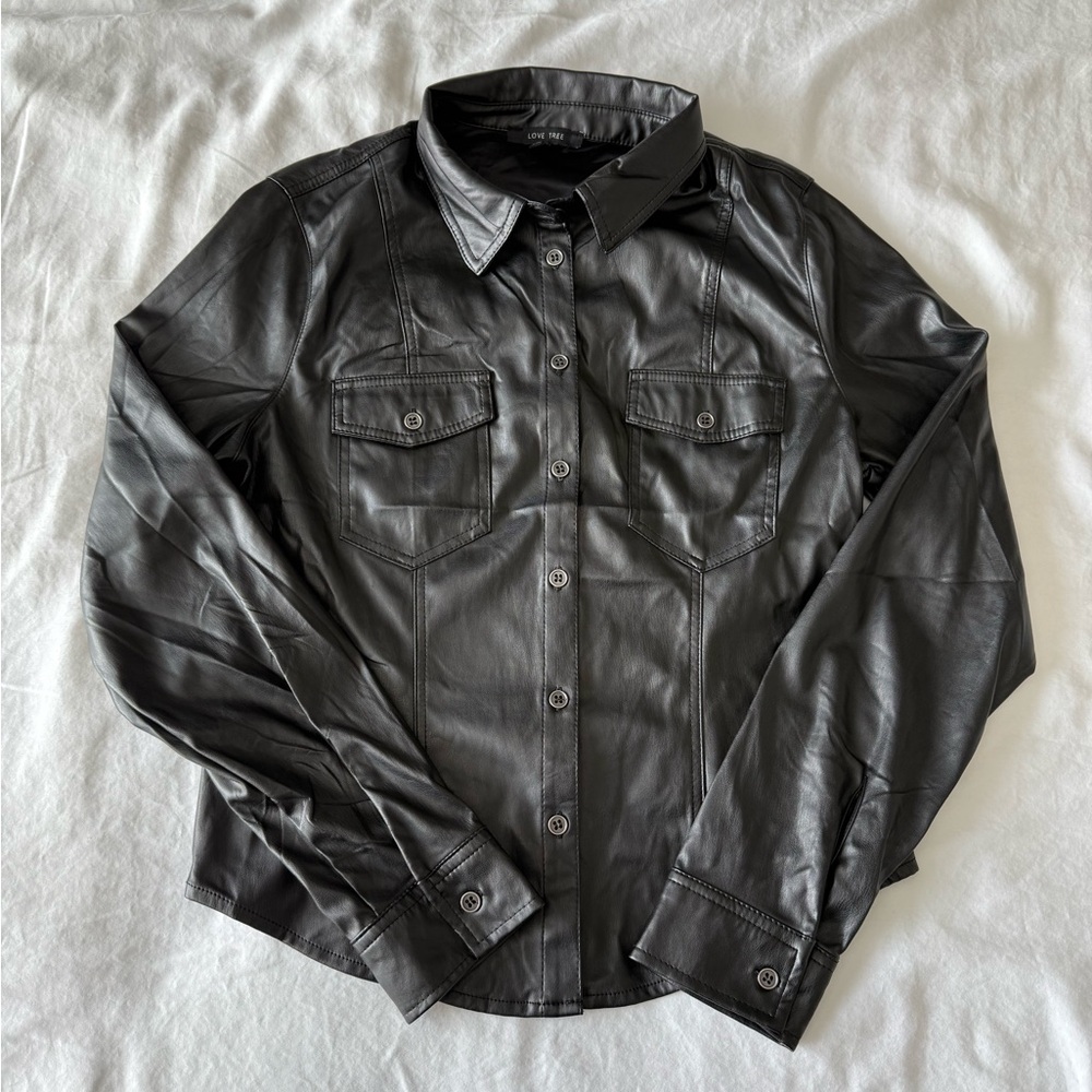 Black Faux Leather Button-Up Shirt